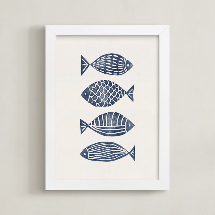 "Linocut Fishes" - Art Print in Navy Blue by Alisa Galitsyna - Framed
