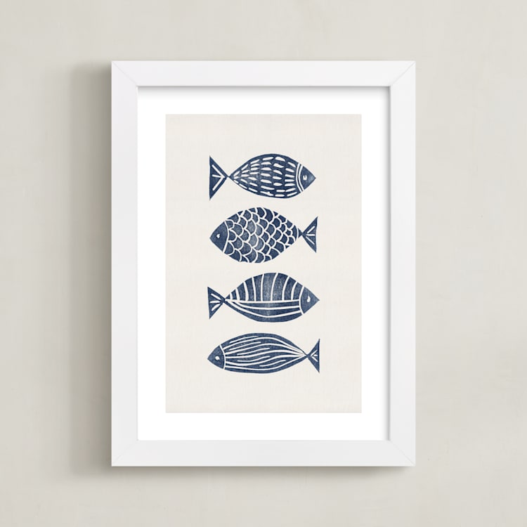"Linocut Fishes" - Art Print in Navy Blue by Alisa Galitsyna - Framed