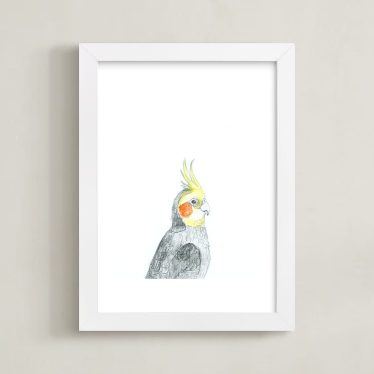 "Cockatiel" - Art Print in Grey with a splash of yellow by Kirsta Benedetti - Framed