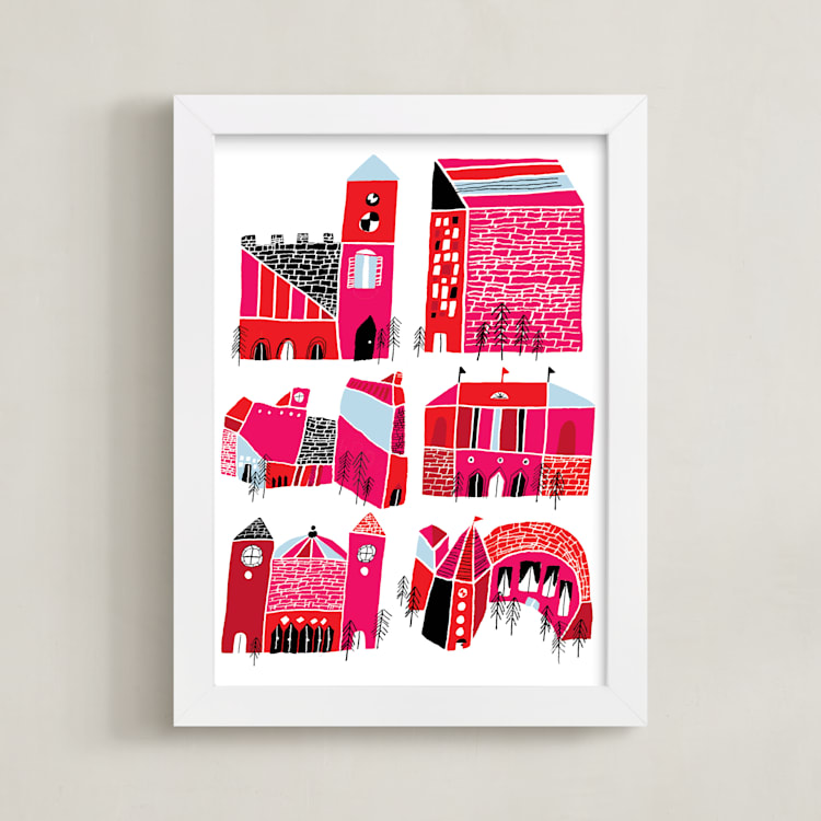 "Little Buildings" - Art Print in fuschia by Elliot Stokes - Framed