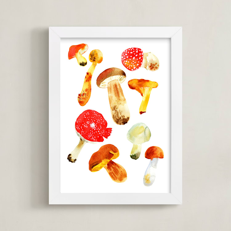 "Forest mushrooms" - Art Print in Fox orange by Alexandra Dzh - Framed