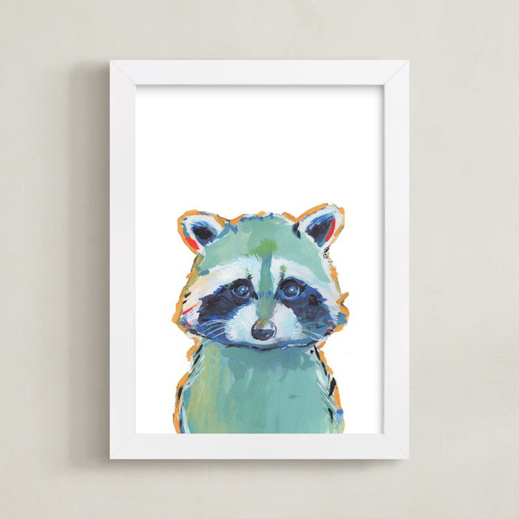 "Mr. Raccoon" - Art Print in Teal by Makewells - Framed