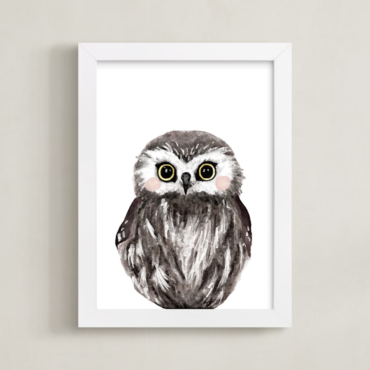 "Baby Animal Owl" - Art Print in Dark Wood by Cass Loh - Framed
