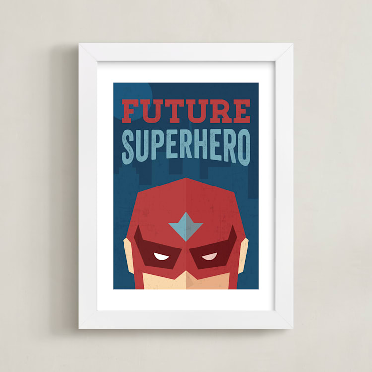 "He's a Future Superhero" - Art Print in Crimson by Jennifer Morehead - Framed