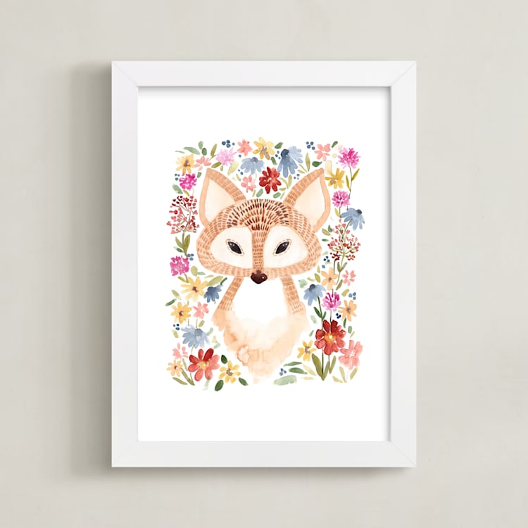 "Sweet Floral Fox" - Art Print in Latte by Sara Berrenson - Framed