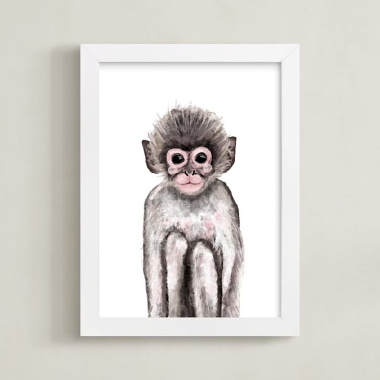 "Baby Animal Monkey" - Art Print in wood smoke by Cass Loh - Framed