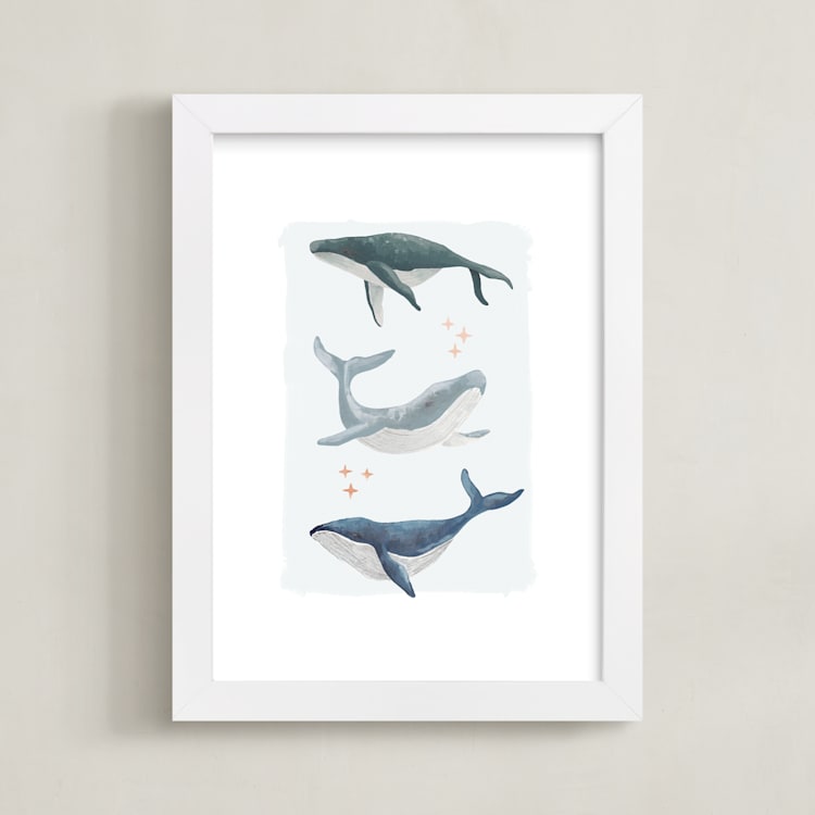 "Ocean Whales" - Art Print in Ocean Blue by Alice Nelen - Framed