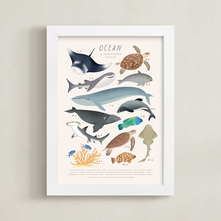 "Ocean animals endangered" - Art Print in Ivory by Sabrin Deirani - Framed