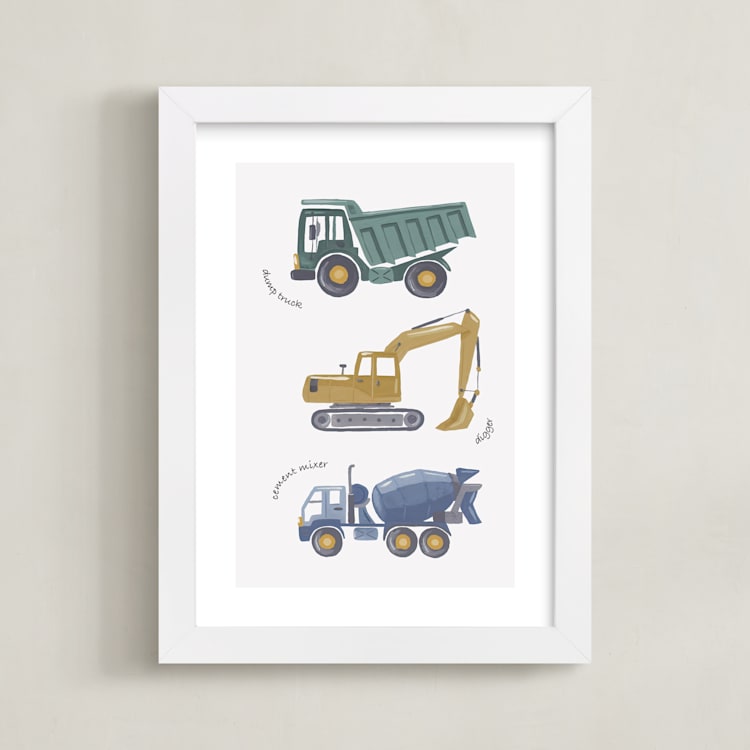 "Tons of Trucks" - Art Print in Sage Green by Alice Nelen - Framed