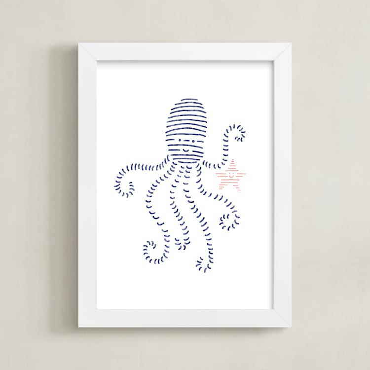"Lined Animals I" - Art Print in OCEAN BLUE by Jayne Alfieri - Framed