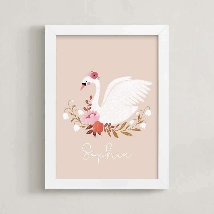 "Romantic swan" - Personalized Art Print in Blush by Tati Abaurre - Framed