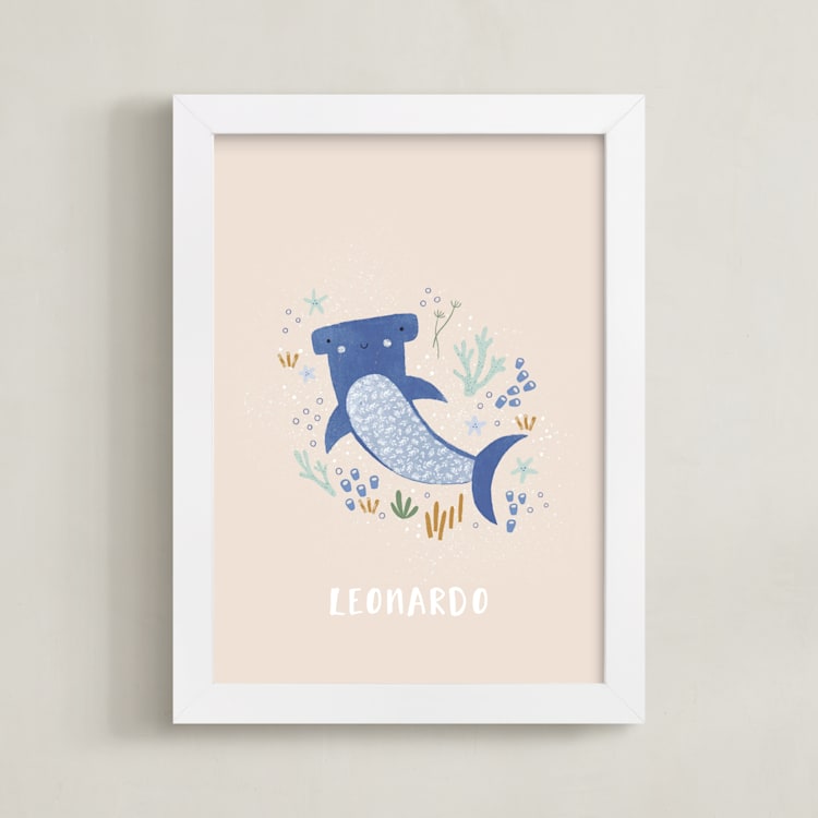"Sharky cute" - Personalized Art Print in Blush by Tati Abaurre - Framed