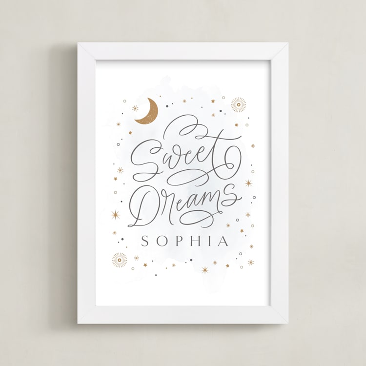 "Sweet Dreams Little One" - Personalized Art Print in Grey by Kristen Smith - Framed