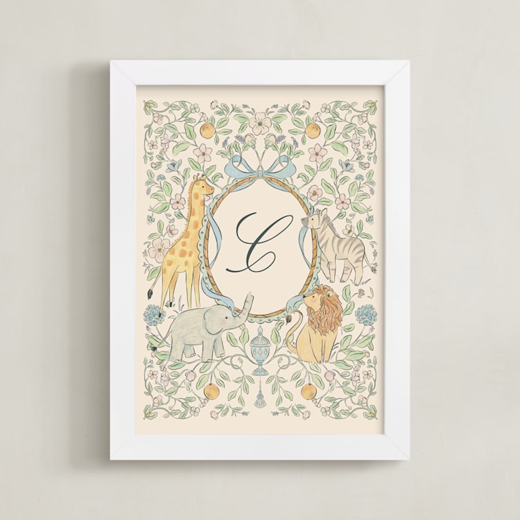 "Little Safari" - Personalized Art Print in Baby Blue by Sabrin Deirani - Framed