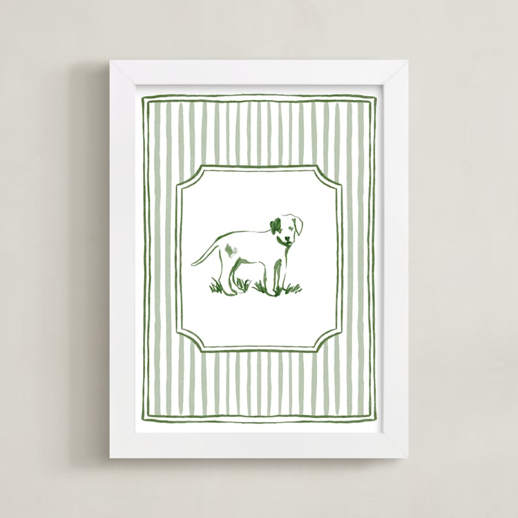 "Puppies at Play 3" - Art Print in Forest Green by Madelaine Crocker - Framed