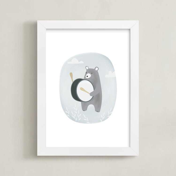 "drummer bear" - Art Print in sky by Faith Dorn - Framed