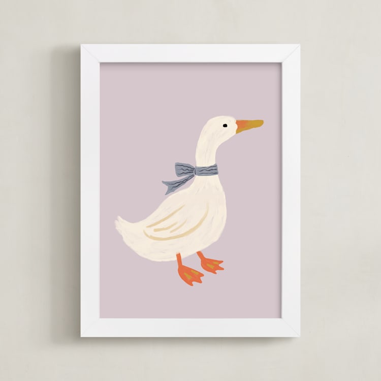 "Duck With Ribbon" - Art Print in Lilac by Cass Loh - Framed