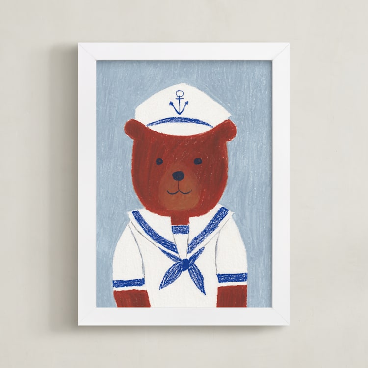 "Sailor Bear" - Art Print in Dusty Blue by Madhvi Samimi - Framed