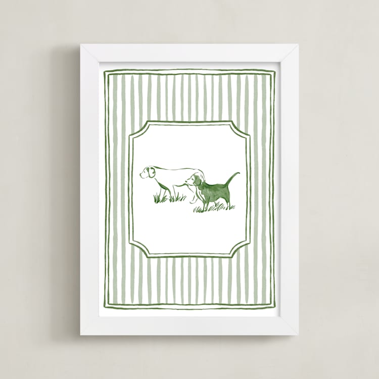 "Puppies at Play 2" - Art Print in Forest Green by Madelaine Crocker - Framed