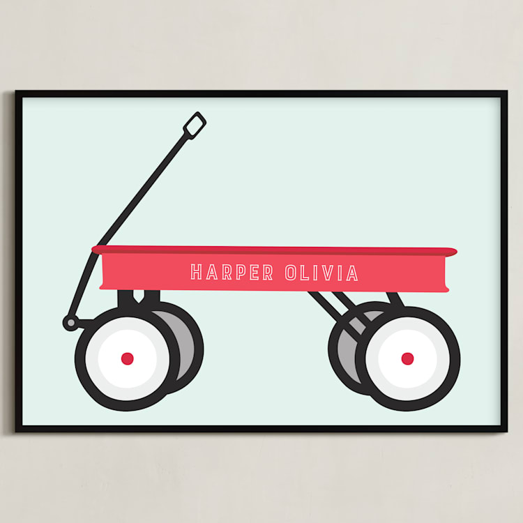 "Little Red Wagon" - Personalized Art Print in Mint by Alexandra Cohn - Framed
