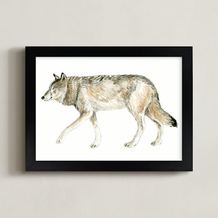 "Wolf Watercolour Study" - Art Print in Olive Taupe by Eve Schultz - Framed