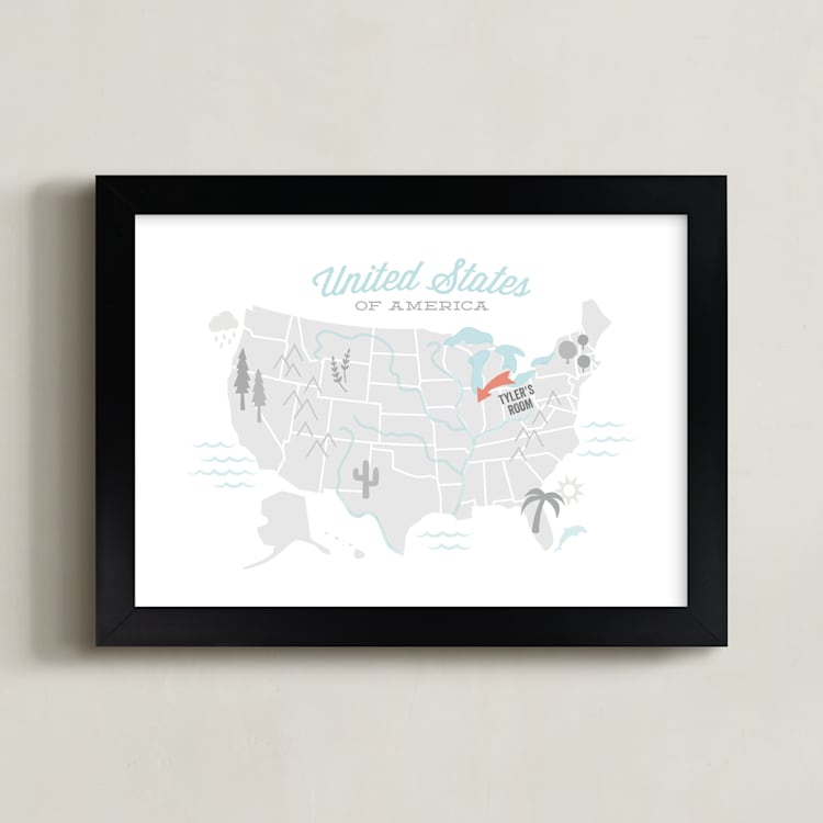 "You Are Here American Map" - Personalized Art Print in Coastal Grey by Jessie Steury - Framed