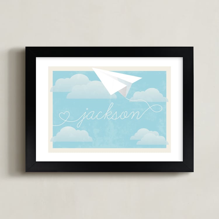 "In Flight" - Personalized Art Print in Sky Blue by Jennifer Morehead - Framed