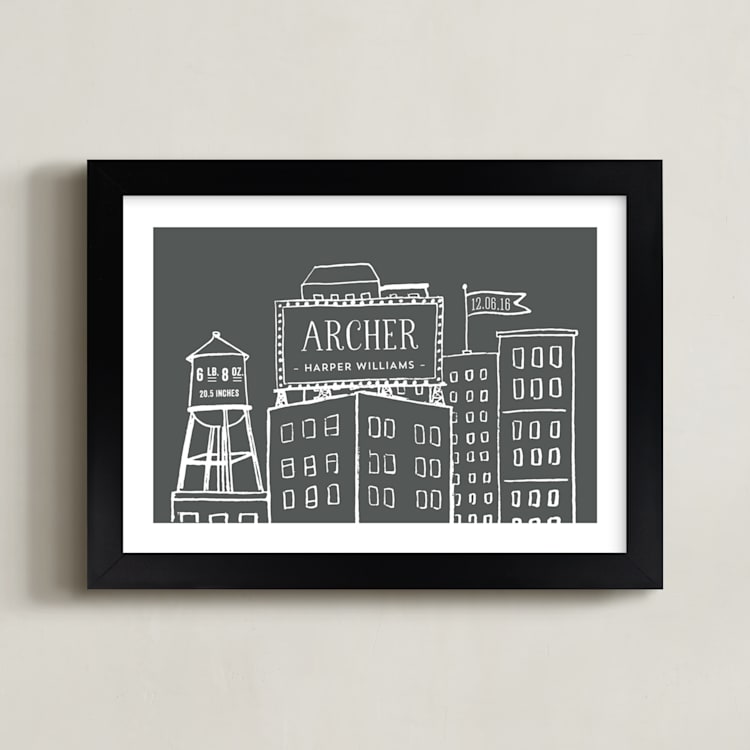 "Cityscape Stats" - Personalized Art Print in Chalkboard Grey by Tanya Lee of Frooted Design - Framed