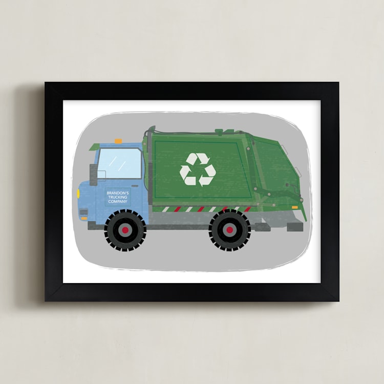 "The Garbage Recycle Truck" - Personalized Art Print in Moss by Rebecca Marchese - Framed