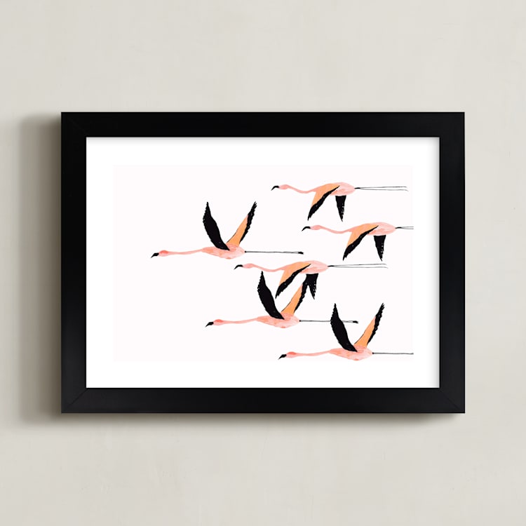 "Flyymingos" - Art Print in Blush by Anee Shah - Framed