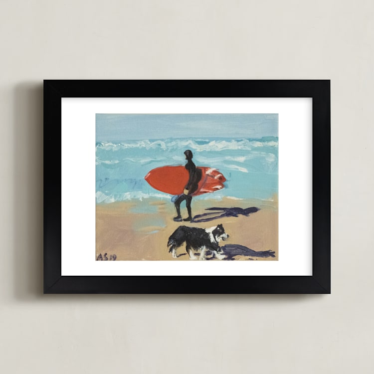 "Dog Beach Carmel; Surfer with Dog" - Art Print in Pacific Blue by Annie Seaton - Framed