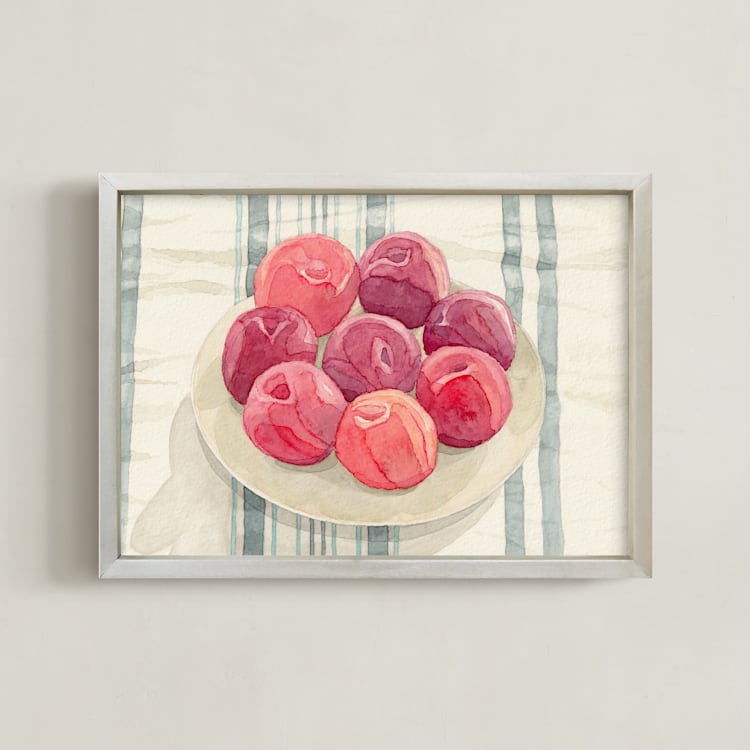 "red plums on linen tablecloth" - Art Print in Plum Red by Pippa Shaw - Framed