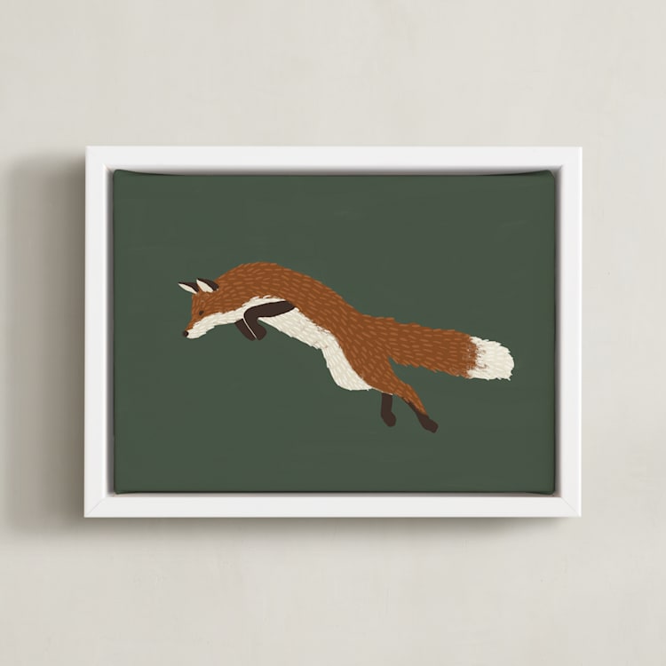 "Leaping Fox" - Art Print in Forrest Green by Kelly Watkins - Framed Canvas