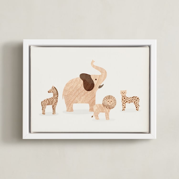 "Wooden Safari Animals" - Art Print in Moon by Dani Lugato - Framed Canvas