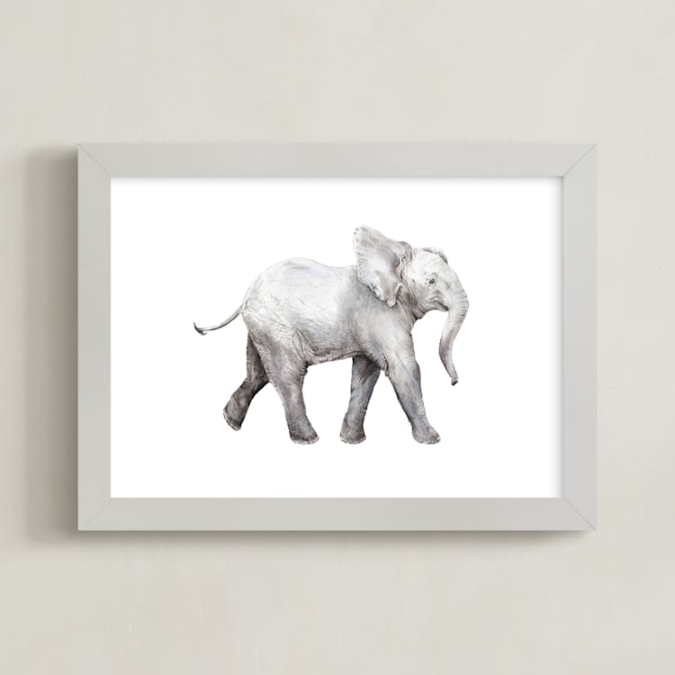 "Baby Watercolor Elephant" - Art Print in Elephant gray by Lauren Rogoff - Framed