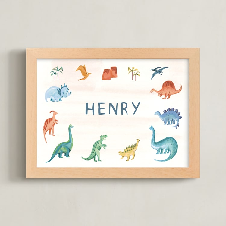 "Dino Friends" - Personalized Art Print in Amber by Teju Reval - Framed