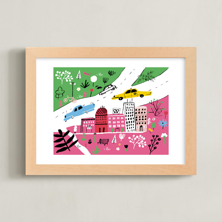 "City State of Mind" - Art Print in Flamingo Pink by Jordan Sondler - Framed