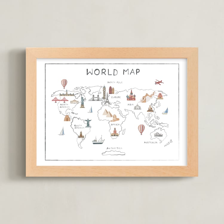 "Travel World Map" - Art Print in Ice by Teju Reval - Framed