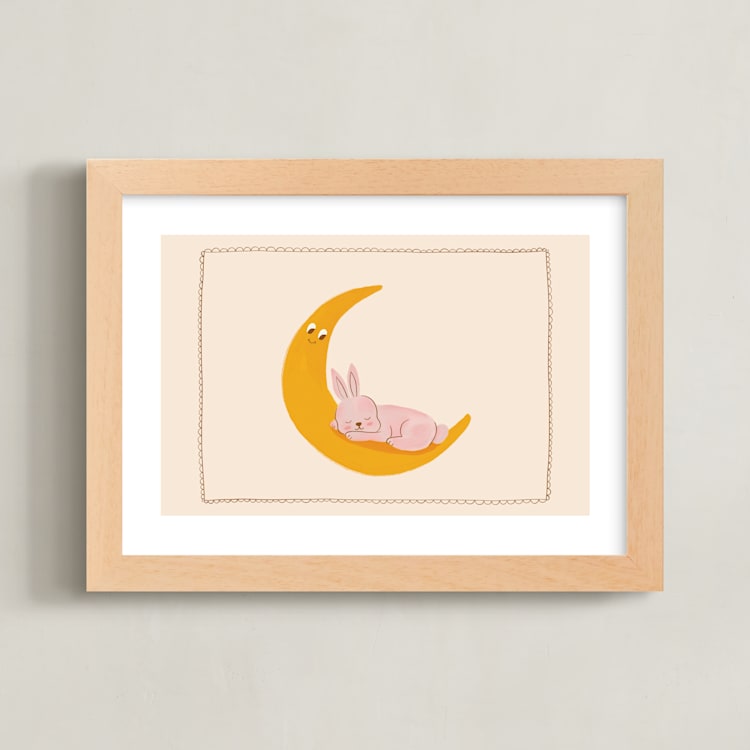 "Sleeping Bunny" - Art Print in Beige by Kartika Paramita - Framed