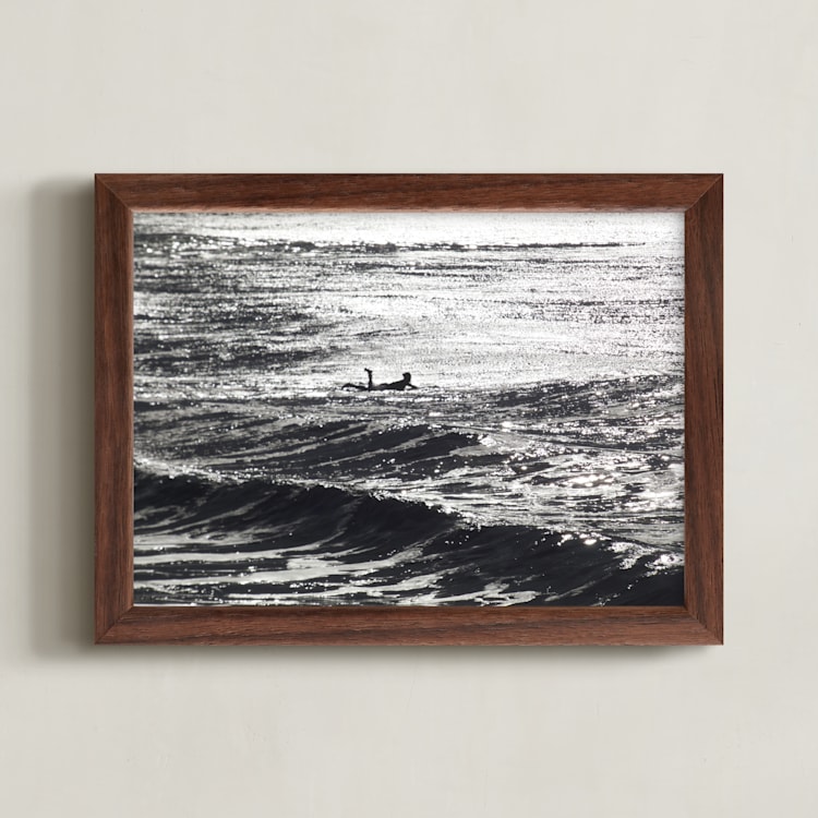 "Cayucos Pier Surfer, Winter Morning Sun" - Art Print in Black and White by Annie Seaton - Framed