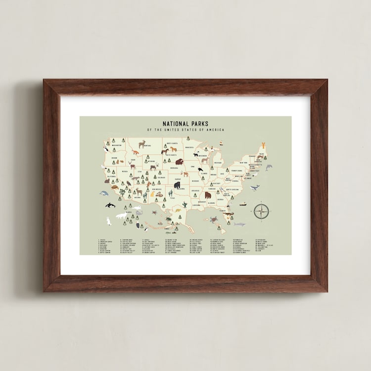 "National Parks of USA" - Art Print in Adventure Green by Sherley Ferreira - Framed