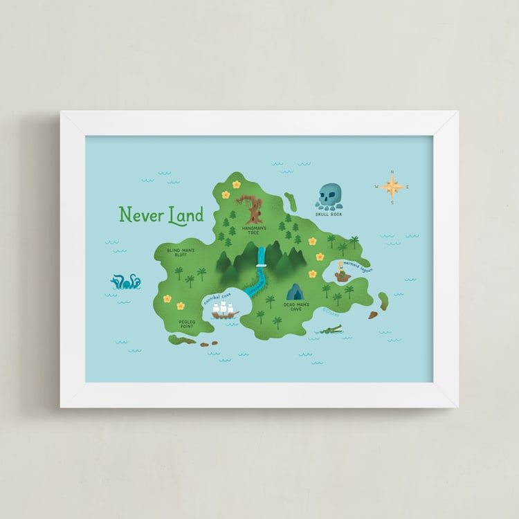 "Never Land Map" - Art Print in Ocean by Renee Christensen - Framed