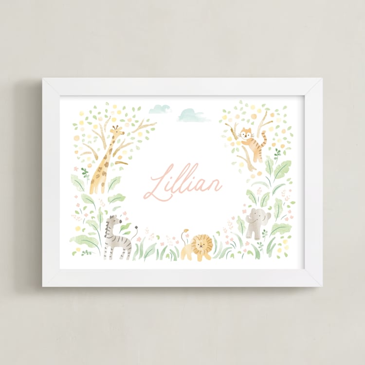 "Petite Jungle Frame" - Personalized Art Print in Soft Pink by Jennifer Wick - Framed