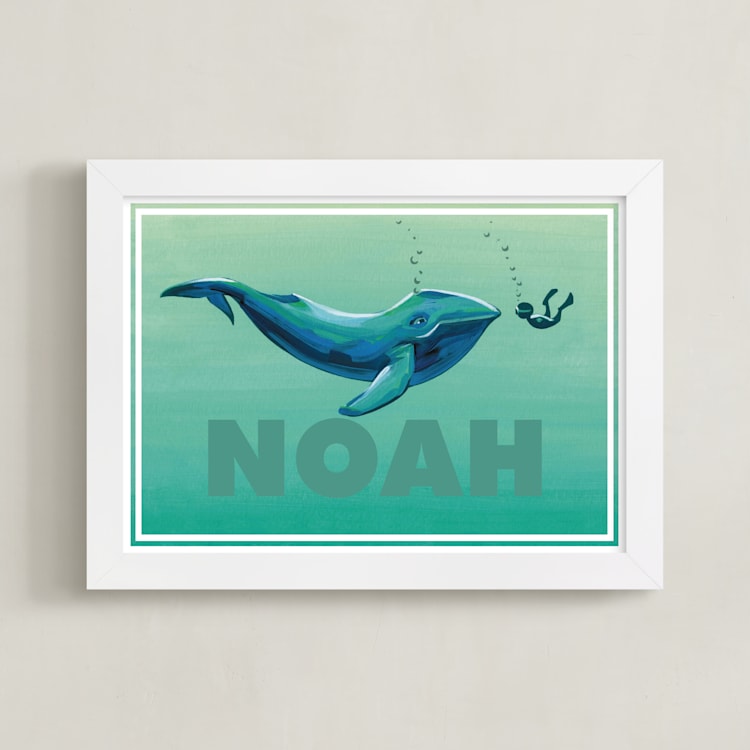 "Curious Little Explorer" - Personalized Art Print in Lagoon by Khara Ledonne - Framed
