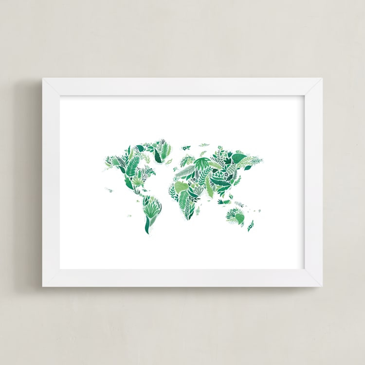 "Botanical World Map" - Art Print in Fern by Jessie Steury - Framed