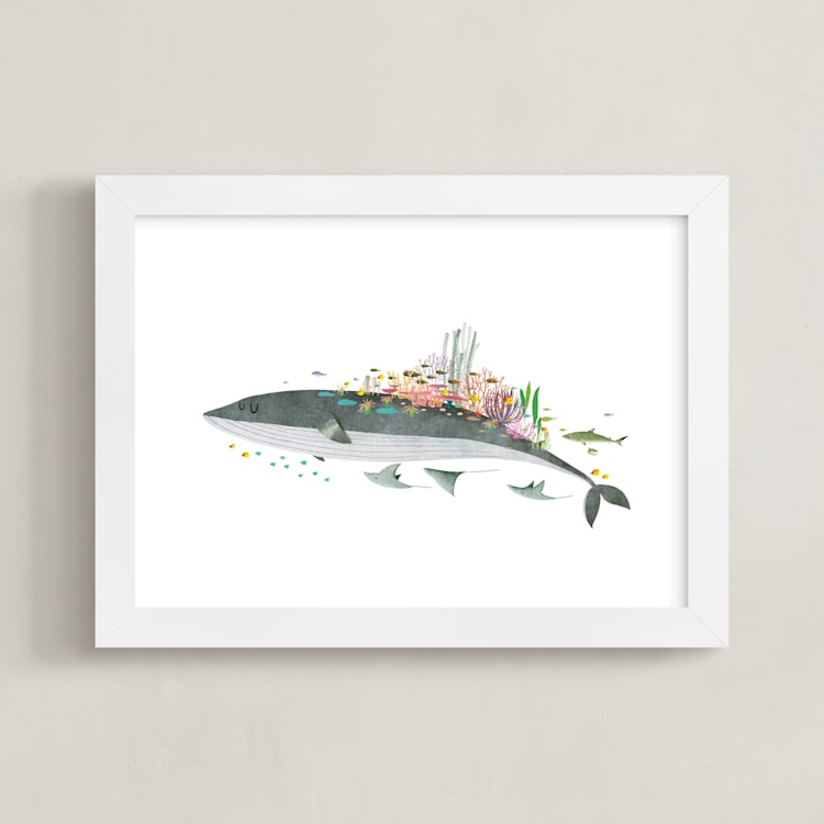 "Great Barrier Reef" - Art Print in Blue-Whale Grey by Jiny He - Framed