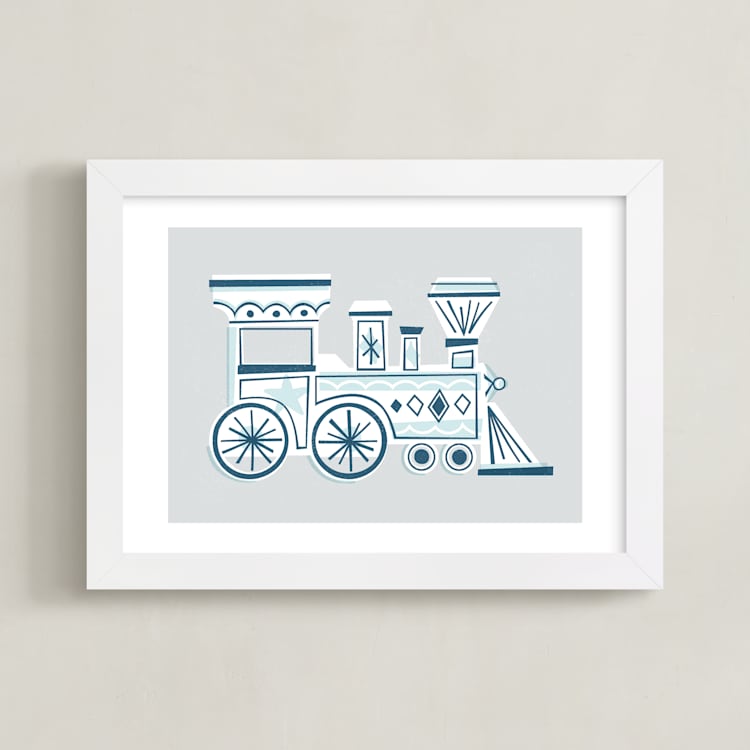 "Terrific Train" - Art Print in Blue Grey by Jessie Steury - Framed