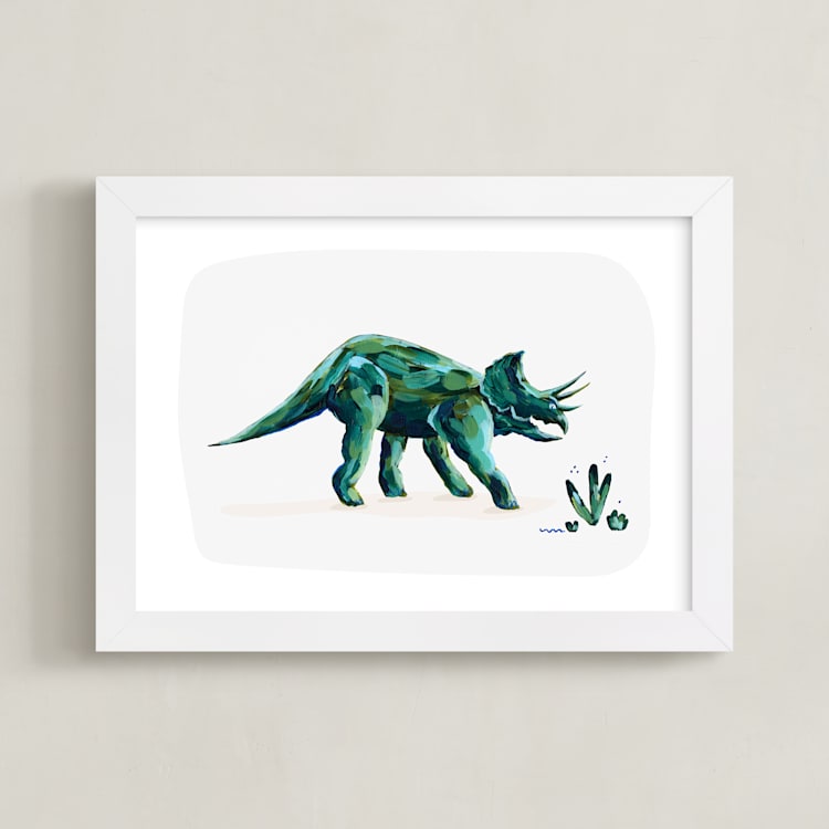 "Triumphant Triceratops" - Art Print in Leaf by Kayla King - Framed