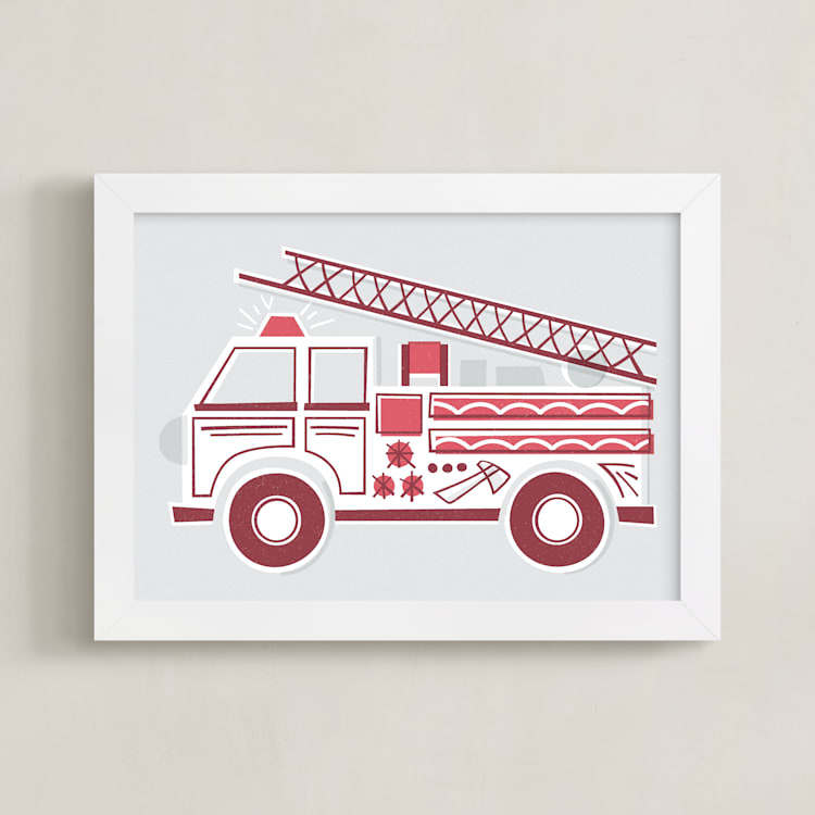 "Fancy Firetruck" - Art Print in Retro Red by Jessie Steury - Framed