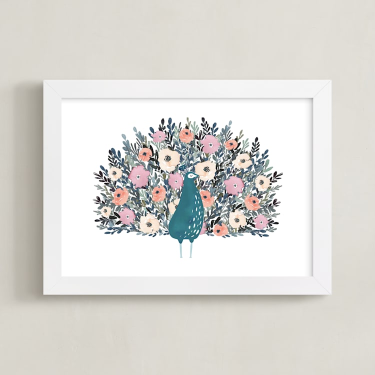 "Peacock Blooming Love" - Art Print in Peacock Blue by Afton Harding - Framed